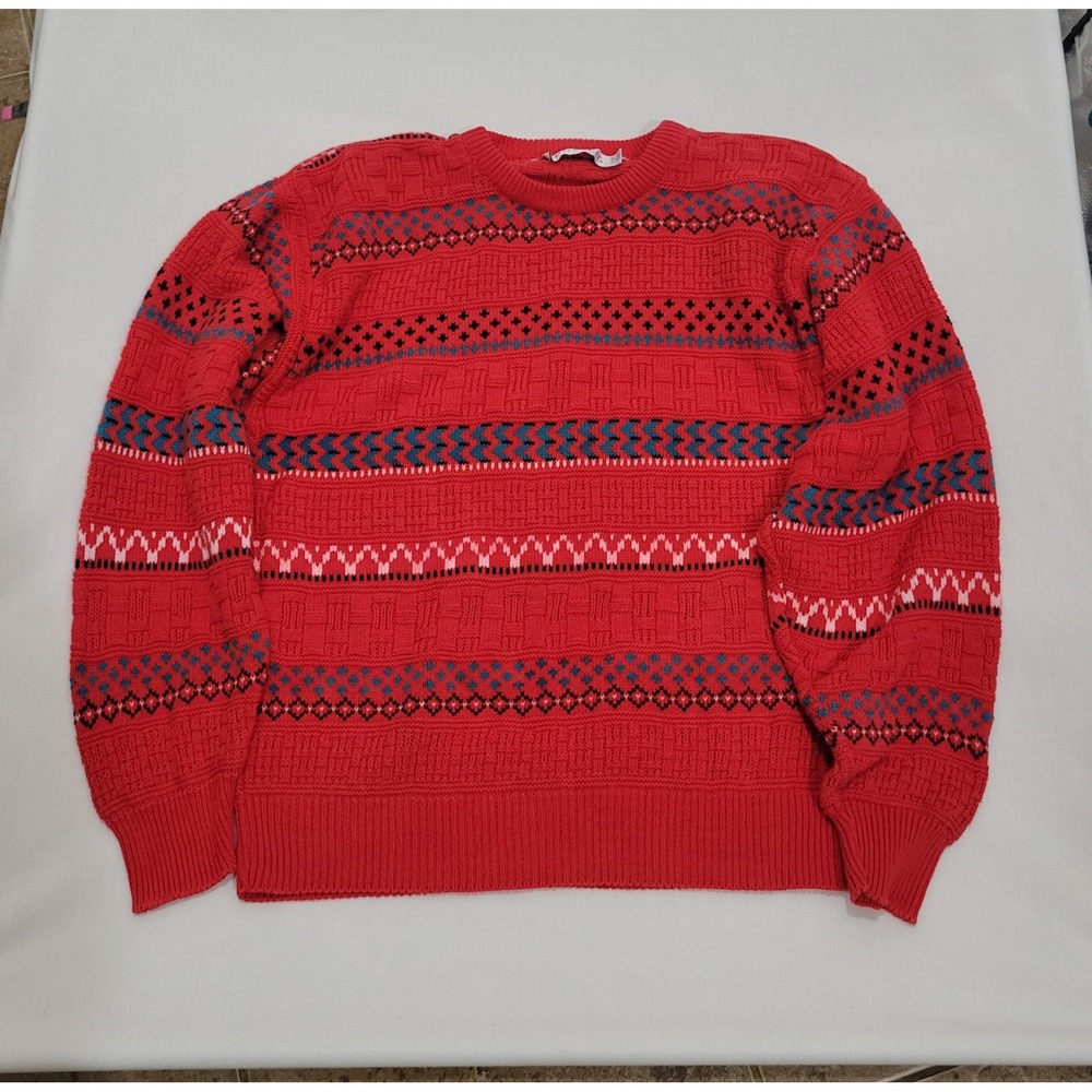 Vintage Jantzen Red Fair Isle Knit Sweater Made in USA Mens Medium Retro Knit